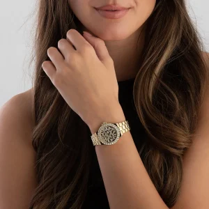 mk7394 michael kors watch women crystals black dial metal stainless steel gold strap quartz battery analog three hand lennox 8