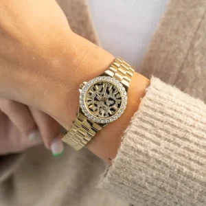 mk7394 michael kors watch women crystals black dial metal stainless steel gold strap quartz battery analog three hand lennox 9