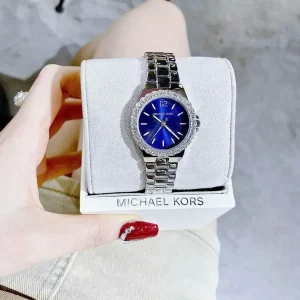 mk7397 michael kors watch women blue dial metal stainless steel silver strap quartz battery analog three hand lennox 13