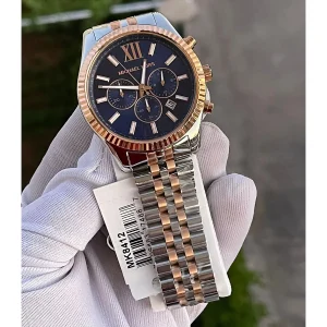 mk8412 michael kors chronograph watch men blue dial metal stainless steel silver rose gold strap quartz battery analog lexington 10