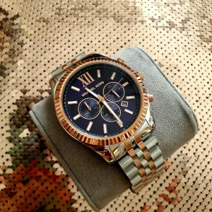 mk8412 michael kors chronograph watch men blue dial metal stainless steel silver rose gold strap quartz battery analog lexington 11