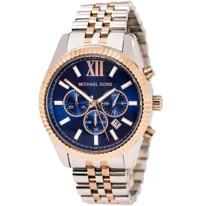 mk8412 michael kors chronograph watch men blue dial metal stainless steel silver rose gold strap quartz battery analog lexington 2