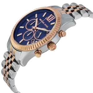 mk8412 michael kors chronograph watch men blue dial metal stainless steel silver rose gold strap quartz battery analog lexington 3