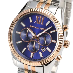 mk8412 michael kors chronograph watch men blue dial metal stainless steel silver rose gold strap quartz battery analog lexington 5