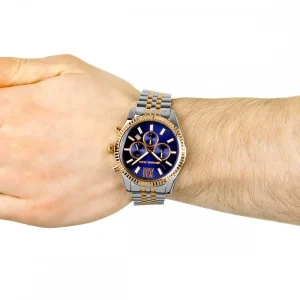 mk8412 michael kors chronograph watch men blue dial metal stainless steel silver rose gold strap quartz battery analog lexington 7