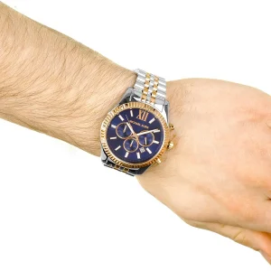 mk8412 michael kors chronograph watch men blue dial metal stainless steel silver rose gold strap quartz battery analog lexington 8