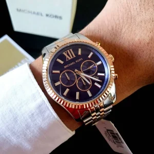 mk8412 michael kors chronograph watch men blue dial metal stainless steel silver rose gold strap quartz battery analog lexington 9