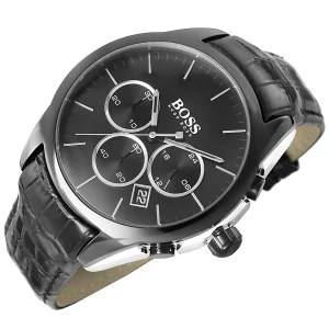 1513367 hugo boss watch men black dial leather strap quartz battery analog chronograph onyx 10