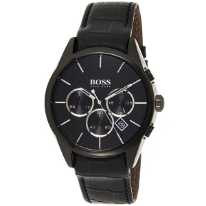 1513367 hugo boss watch men black dial leather strap quartz battery analog chronograph onyx 11