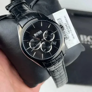 1513367 hugo boss watch men black dial leather strap quartz battery analog chronograph onyx 12