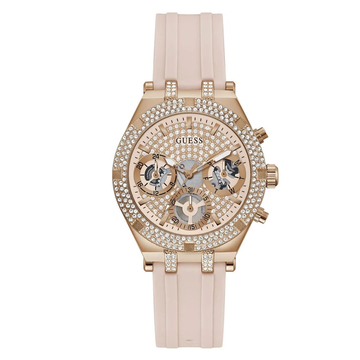 Pack Couple Guess doré – GW0407L3 + GW0637G2 – photo 3 GUESS HEIRESS GW0407L3 – Montre Femme Rose Gold et Rose – composant femme du pack couple Belvani Maroc