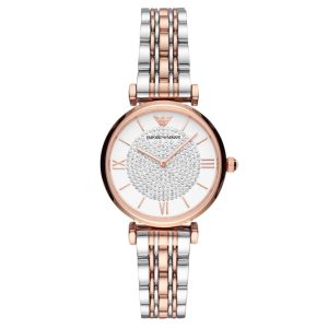 Montre Emporio Armani AR80035 Femme Gianni T-Bar – Blanc, Rose Doré & Argenté – composant femme du pack couple Belvani Maroc