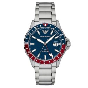 Montre Emporio Armani Homme GMT Dual Time – Acier Argenté – composant homme du pack couple Belvani Maroc