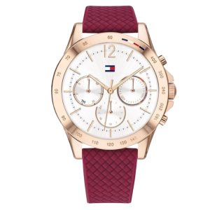 Montre Tommy Hilfiger Femme Haven – Cadran Blanc Bracelet Caoutchouc Rouge – composant femme du pack couple Belvani Maroc