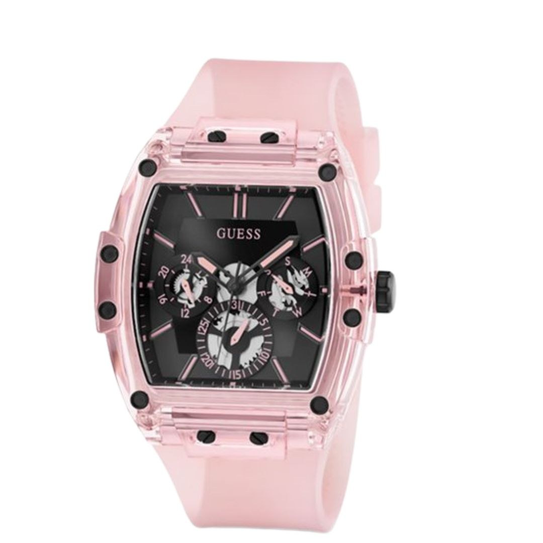 Pack Couple Hugo Boss noir – Femme + 1513953 – photo 3 Montre Guess Sporting, cadran noir avec bracelet en silicone rose – composant femme du pack couple Belvani Maroc