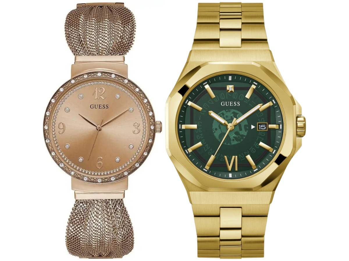 Pack Couple Guess doré – GW1083L3 + GW0573G2 – photo 1 Pack couple Guess deux montres assorties GW1083L3 + GW0573G2 Belvani Maroc – les deux montres côte à côte