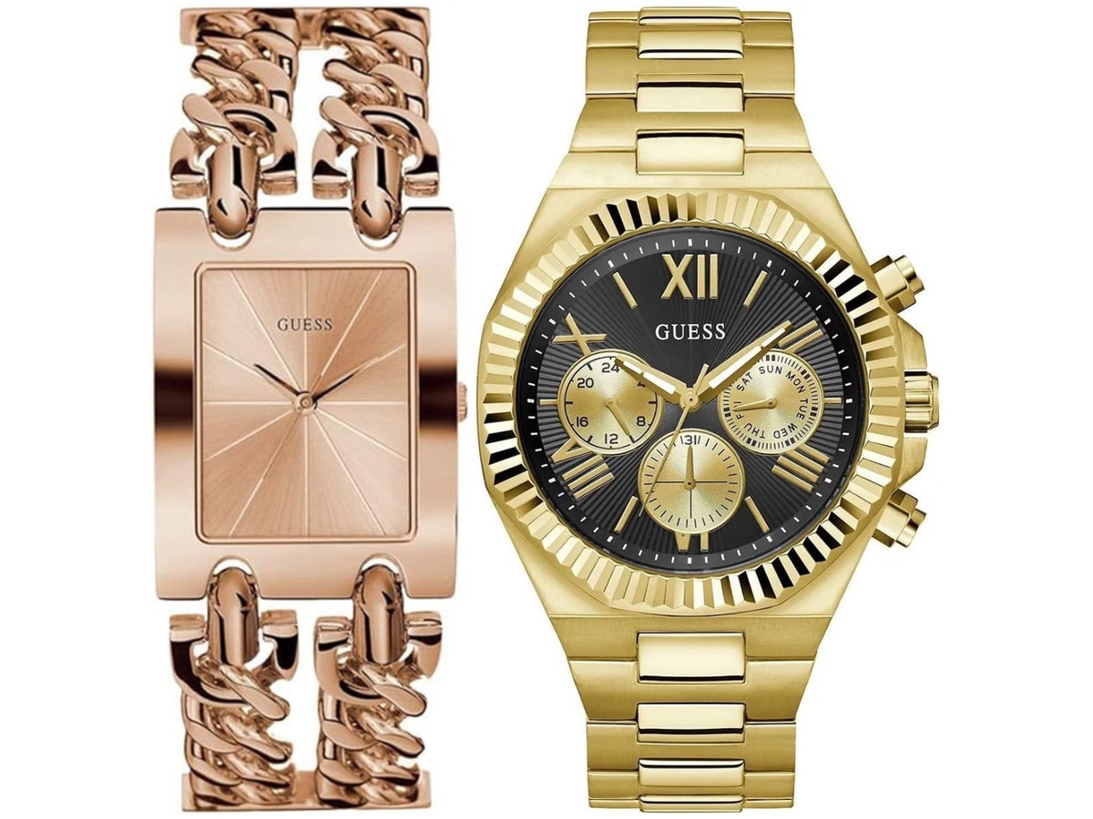 Pack Couple Guess doré – W1117L3 + GW0703G5 – photo 1 Pack couple Guess deux montres assorties W1117L3 + GW0703G5 Belvani Maroc – les deux montres côte à côte