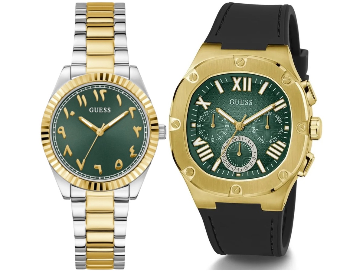 Pack Couple Guess vert – GW0735L2 + GW0571G3 – photo 1 Pack couple Guess deux montres assorties GW0735L2 + GW0571G3 Belvani Maroc – les deux montres côte à côte