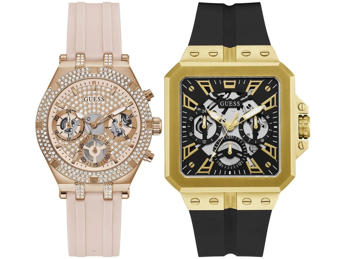 Pack Couple Guess doré – GW0407L3 + GW0637G2 – photo 1 Pack couple Guess deux montres assorties GW0407L3 + GW0637G2 Belvani Maroc – les deux montres côte à côte