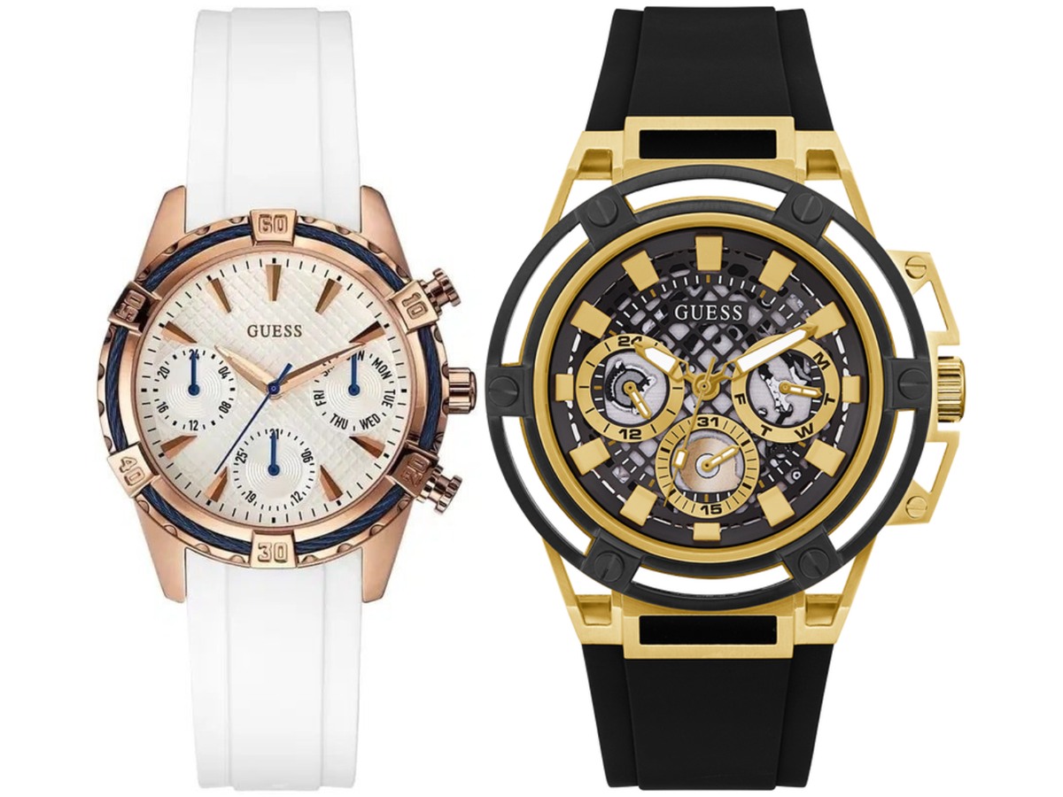 Pack Couple Guess – CATALINA W0562L1 | Montre Femm + Multifonction GUESS Pour Homme – photo 1 Pack couple Guess deux montres assorties W0562L1 + Homme Belvani Maroc – les deux montres côte à côte