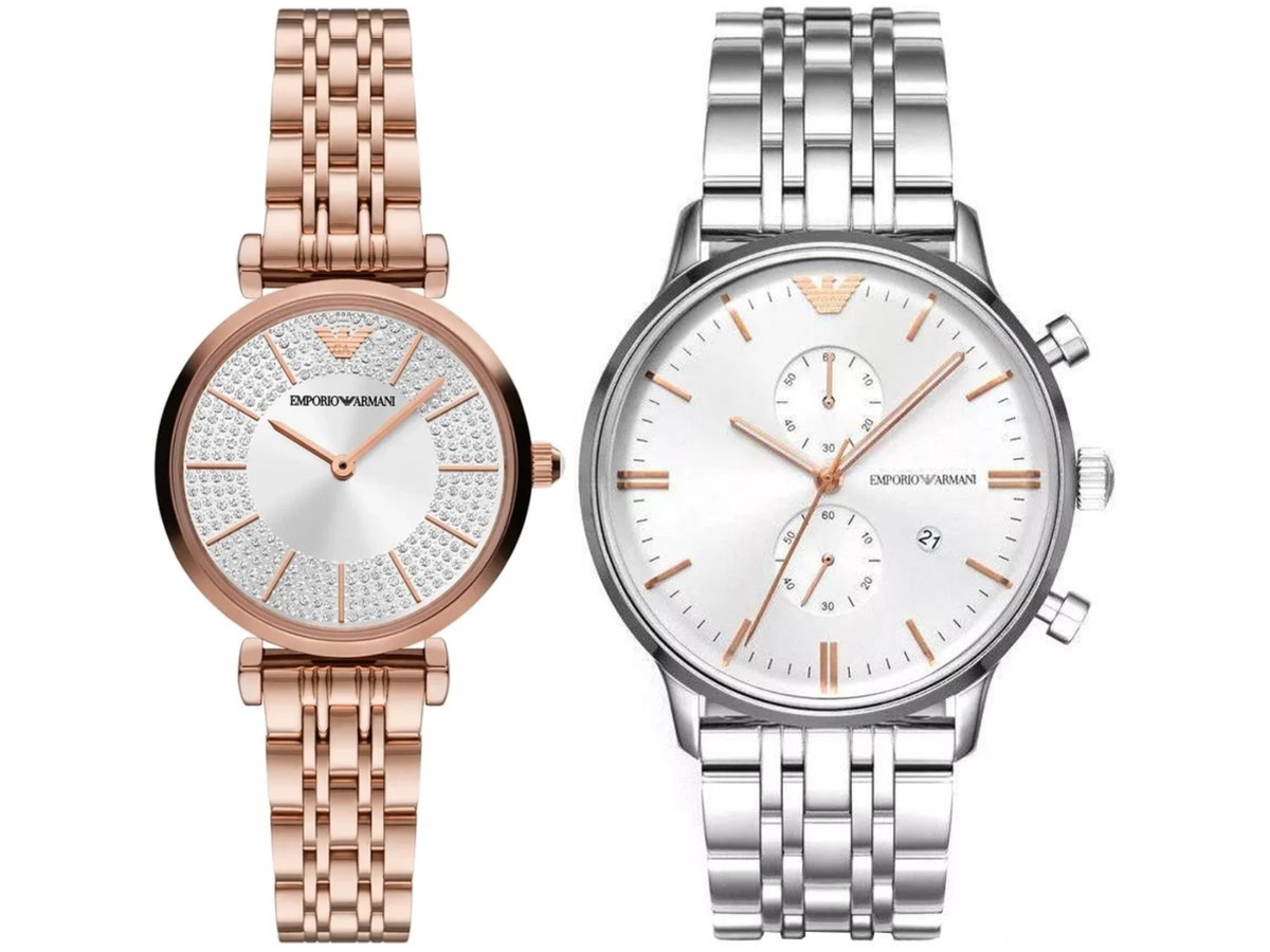 Pack Couple Emporio Armani – AR11446 + AR1933 – photo 1 Pack couple Emporio Armani deux montres assorties AR11446 + AR1933 Belvani Maroc – les deux montres côte à côte