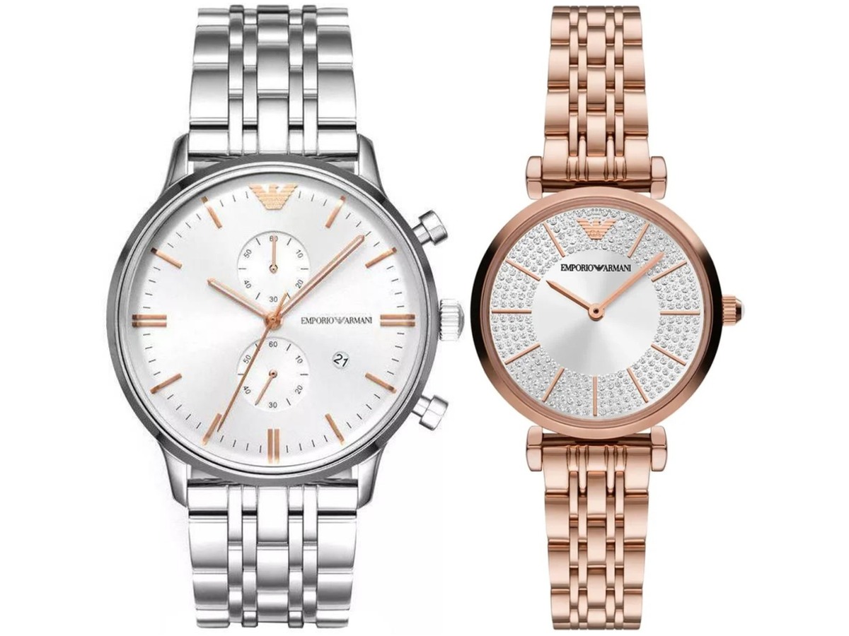 Pack Couple Emporio Armani – AR11446 + AR1933 – photo 2 Pack couple Emporio Armani deux montres assorties AR11446 + AR1933 Belvani Maroc – vue alternative homme à gauche