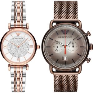 Pack couple Emporio Armani deux montres assorties AR80035 + AR11169 Belvani Maroc – les deux montres côte à côte