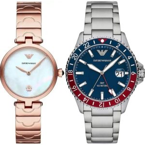 Pack couple Emporio Armani deux montres assorties AR11236 + Homme Belvani Maroc – les deux montres côte à côte