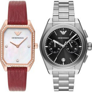 Pack couple Emporio Armani deux montres assorties AR11467 + Homme Belvani Maroc – les deux montres côte à côte