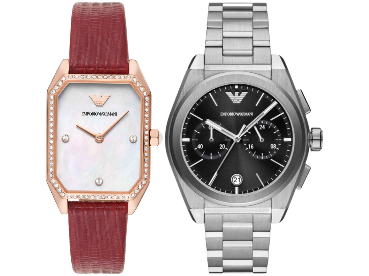 Pack Couple Emporio Armani – En Cuir Rouge - AR11467 + Federico chronographe cadran noir – photo 1 Pack couple Emporio Armani deux montres assorties AR11467 + Homme Belvani Maroc – les deux montres côte à côte