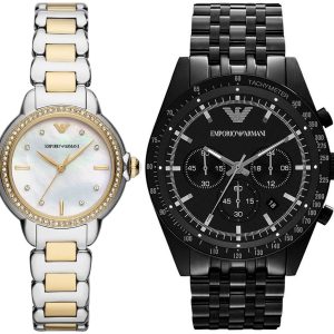 Pack couple Emporio Armani deux montres assorties AR11524 + AR1979 Belvani Maroc – les deux montres côte à côte