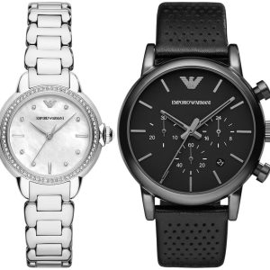 Pack couple Emporio Armani deux montres assorties AR11596 + AR1737 Belvani Maroc – les deux montres côte à côte
