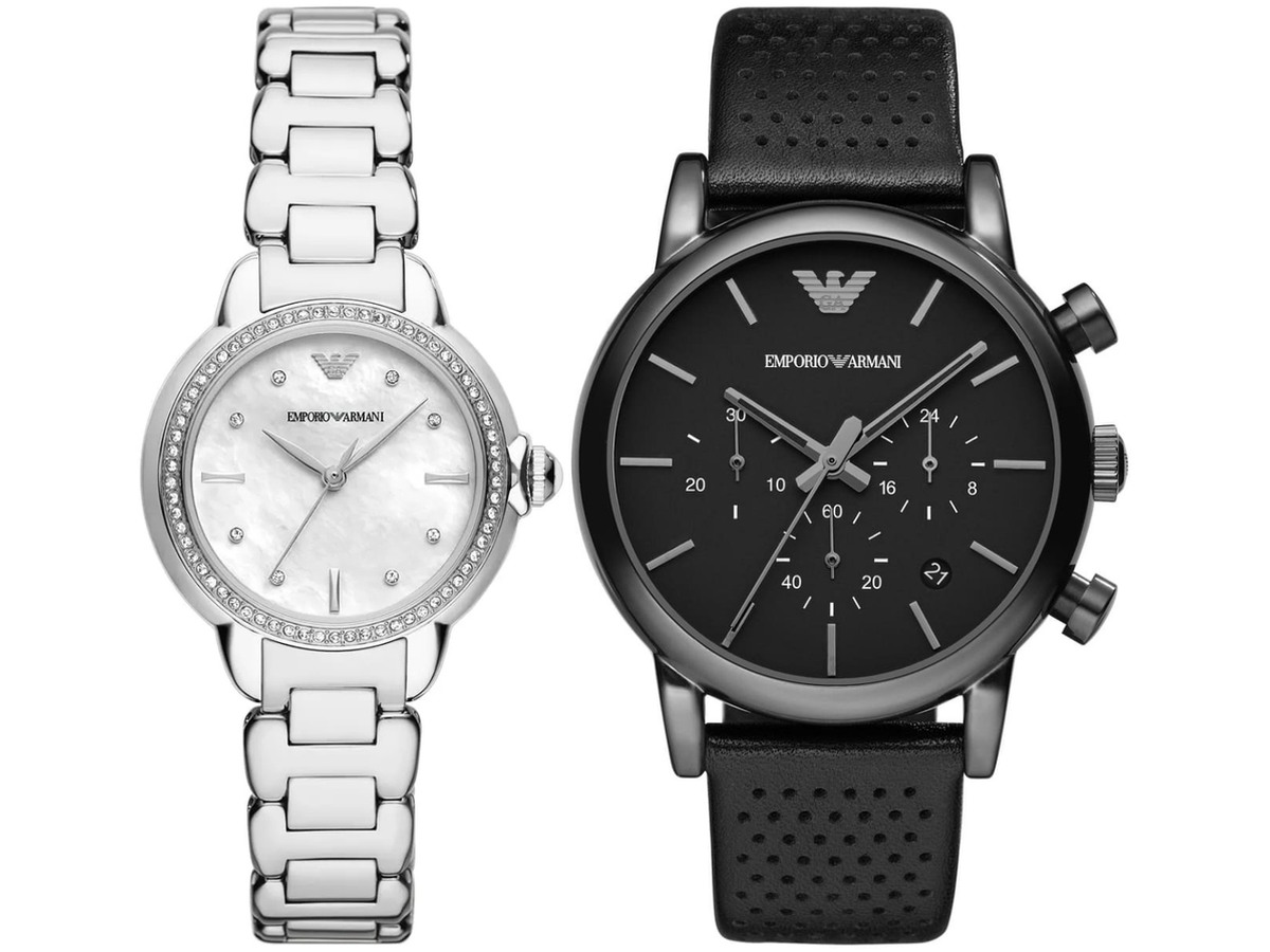 Pack Couple Emporio Armani – AR11596 + AR1737 – photo 1 Pack couple Emporio Armani deux montres assorties AR11596 + AR1737 Belvani Maroc – les deux montres côte à côte