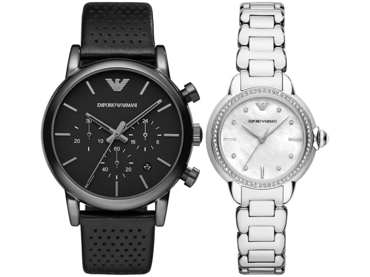 Pack Couple Emporio Armani – AR11596 + AR1737 – photo 2 Pack couple Emporio Armani deux montres assorties AR11596 + AR1737 Belvani Maroc – vue alternative homme à gauche