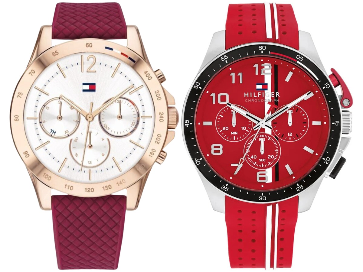 Pack Couple Tommy Hilfiger – Femme Haven – Cadran Blanc Bra + Bank 1792170 Cadran Rouge - Si – photo 1 Pack couple Tommy Hilfiger deux montres assorties Femme + 1792170 Belvani Maroc – les deux montres côte à côte