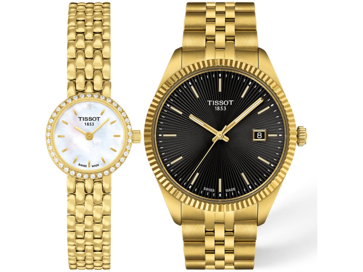 Pack Couple Tissot doré – T058 + T156 – photo 1 Pack couple Tissot deux montres assorties T058 + T156 Belvani Maroc – les deux montres côte à côte