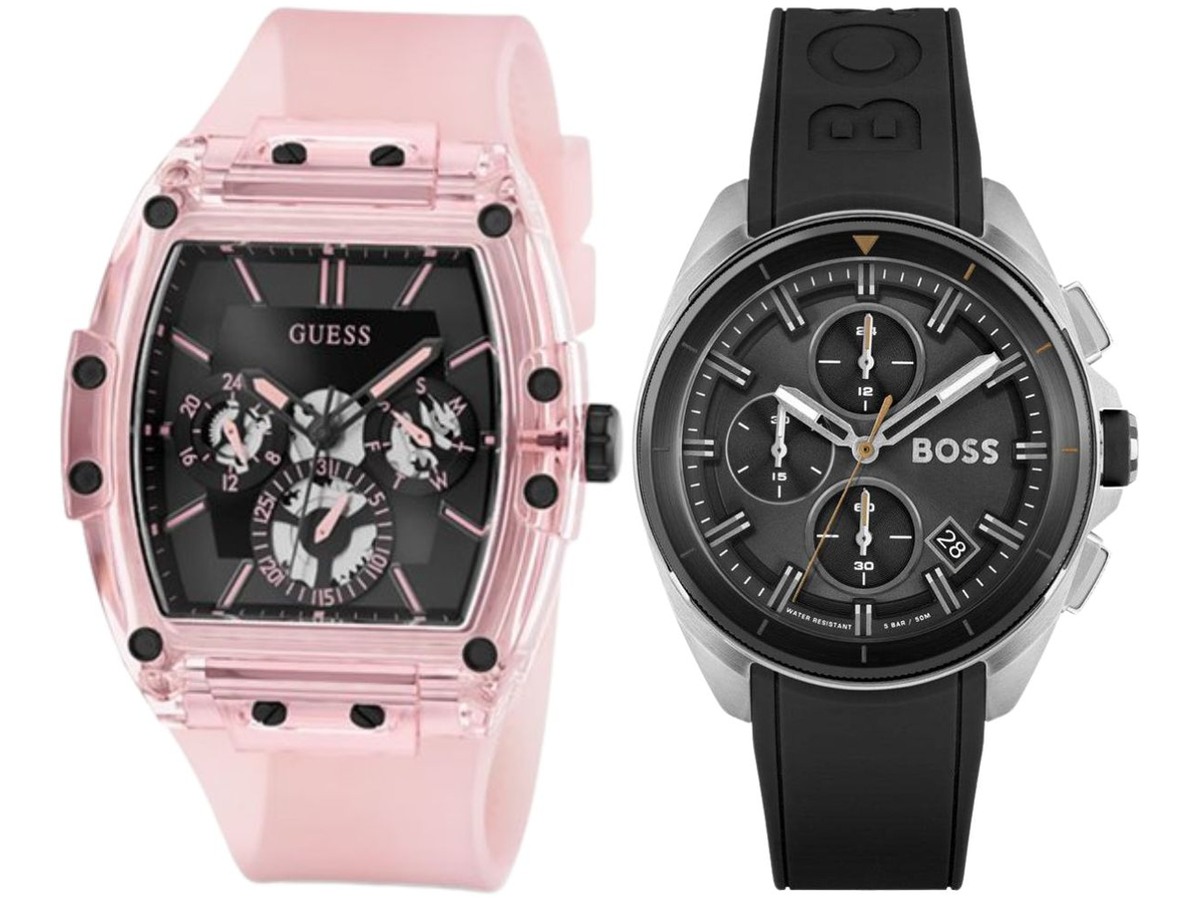 Pack Couple Hugo Boss – Sporting, cadran noir avec bracelet en sil + Volane Black 1513953 – photo 1 Pack couple Hugo Boss deux montres assorties Femme + 1513953 Belvani Maroc – les deux montres côte à côte