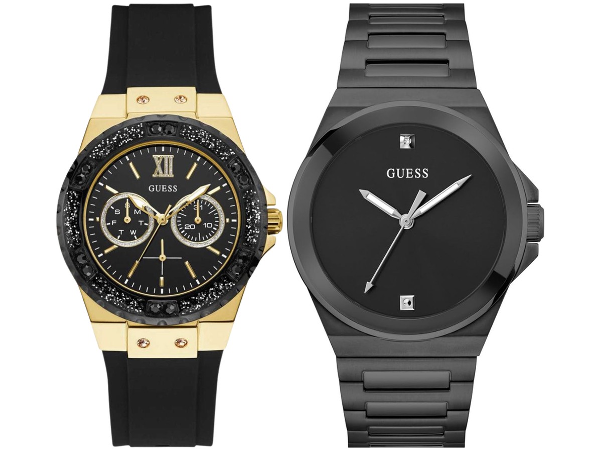 Pack Couple Guess noir – W1053L7 + GW0833G2 – photo 1 Pack couple Guess deux montres assorties W1053L7 + GW0833G2 Belvani Maroc – les deux montres côte à côte