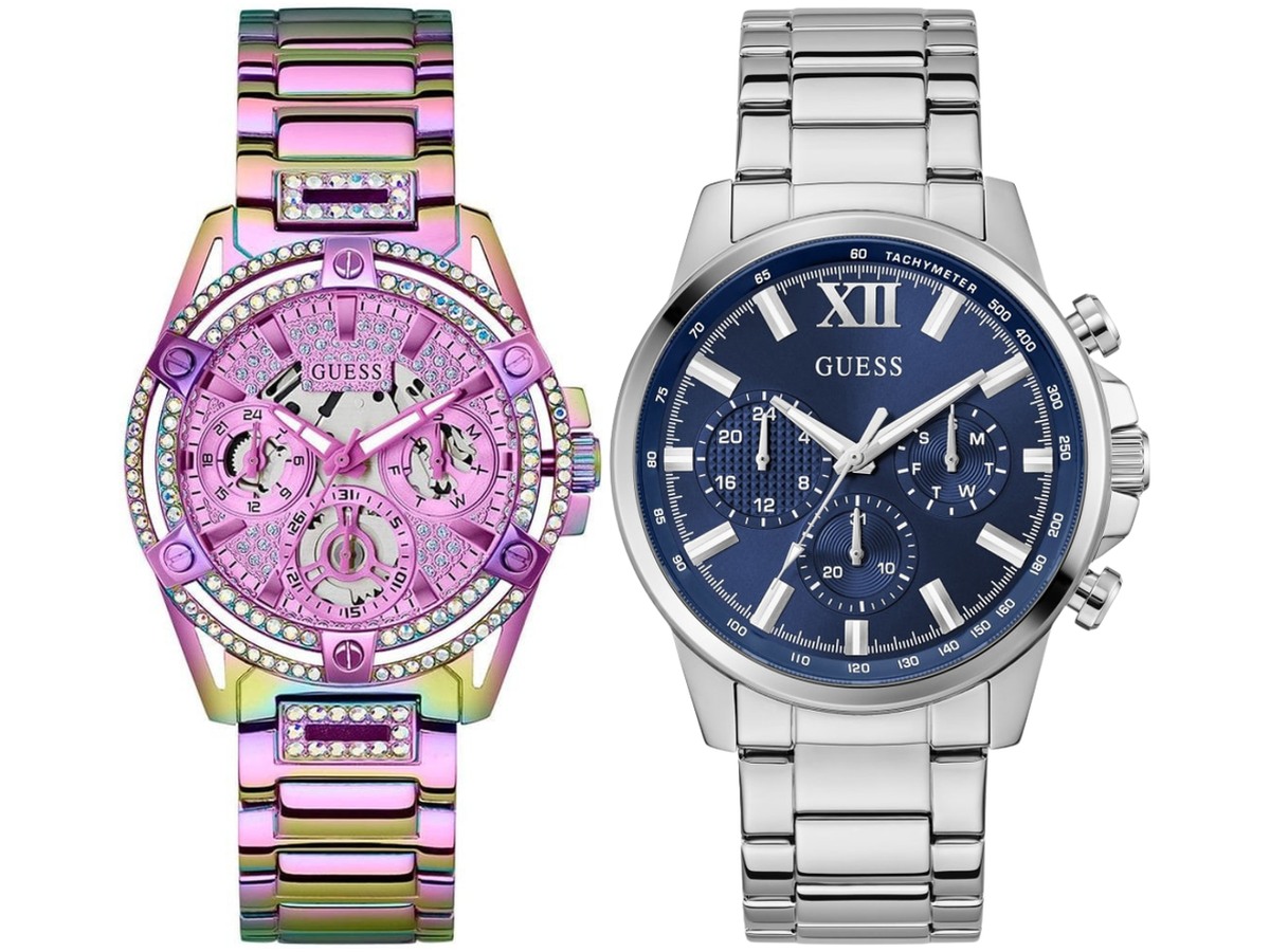 Pack Couple Guess – Queen GW0464L4 | 40 mm RoseIri + analogique en acier inoxydable – photo 1 Pack couple Guess deux montres assorties GW0464L4 + Homme Belvani Maroc – les deux montres côte à côte